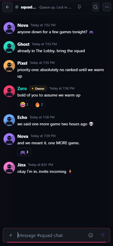 Current Commz mobile web app showing the Night Shift squad conversation.
