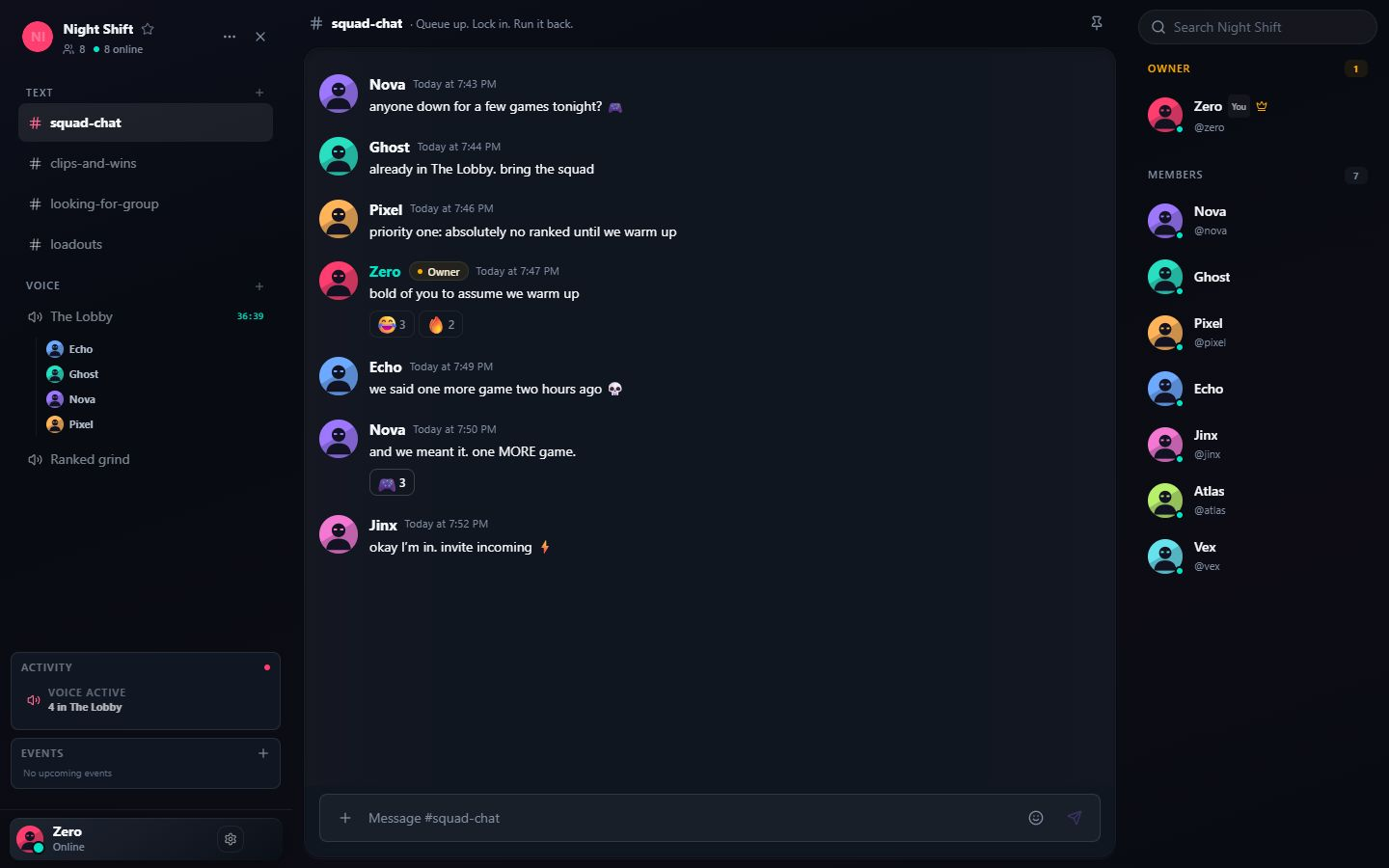 Current Commz app showing Night Shift squad chat, custom avatars, message reactions, members, and an active voice lobby.